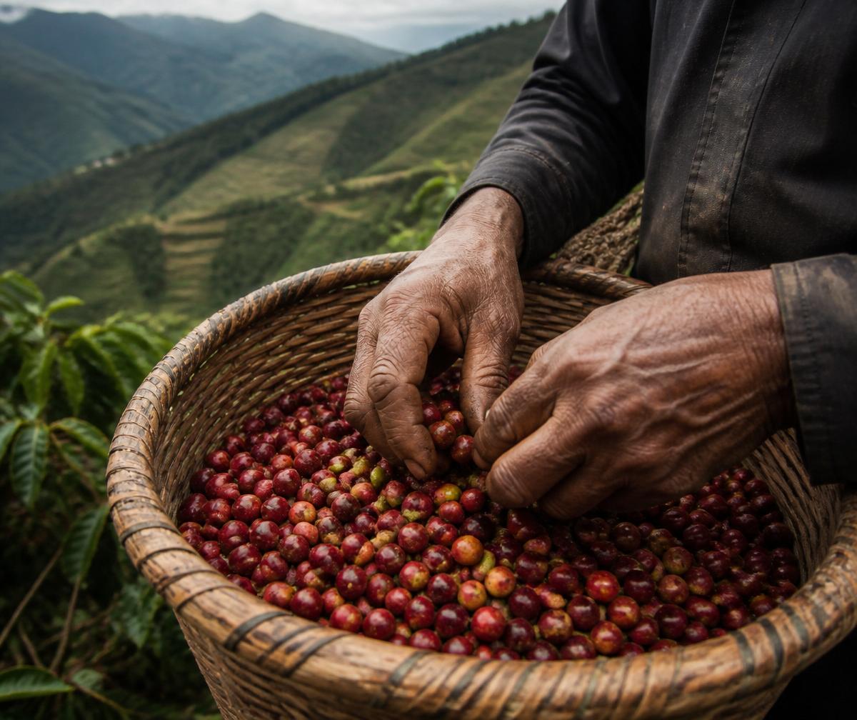 A farmer sorting coffee cherries in a woven basket