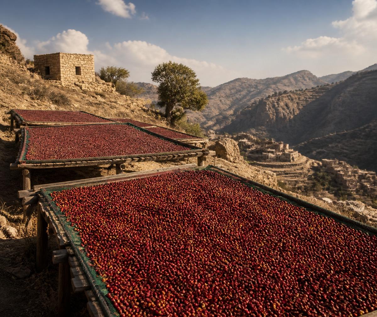 Coffee cherries drying on raised beds on a mountain terrace